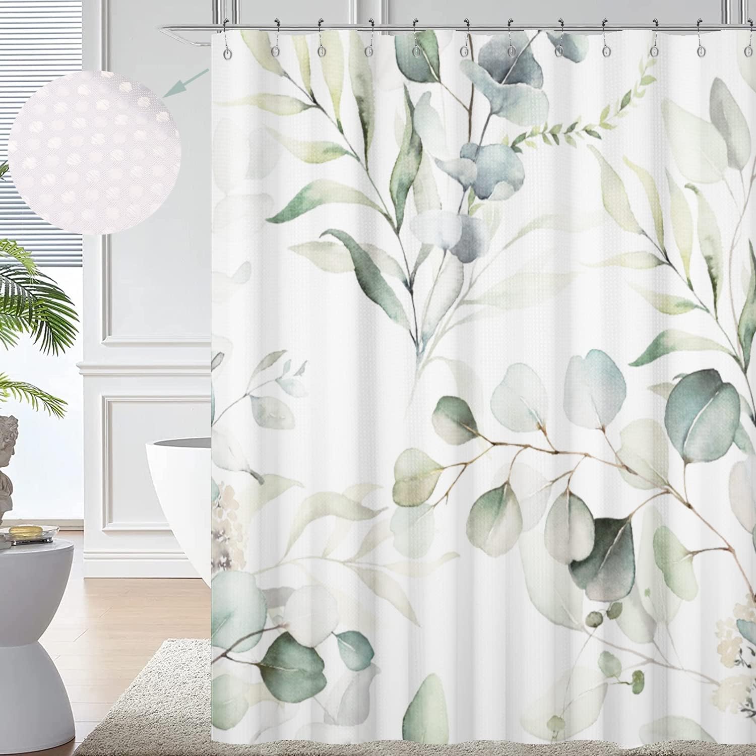 Sage Green Eucalyptus Leaf Waffle Shower Curtain For Textured Bathroom Decor