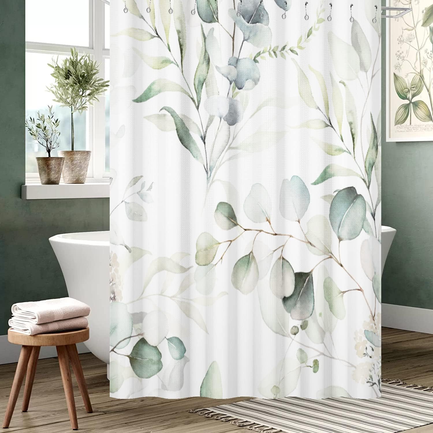 Sage Green Eucalyptus Leaf Waffle Shower Curtain For Textured Bathroom Decor