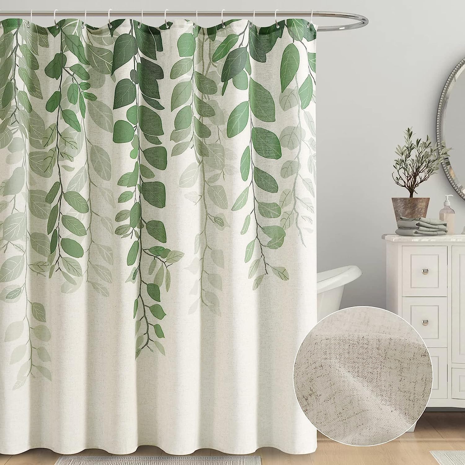 Sage Green Eucalyptus Print Shower Curtain with Ivy Leaves for Modern Farmhouse Bathroom Decor