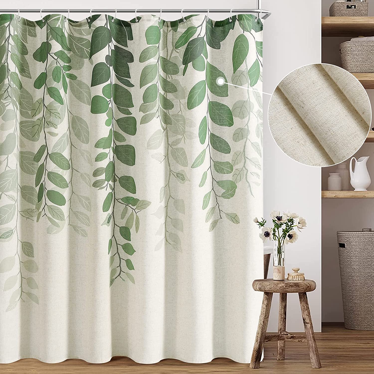 Sage Green Eucalyptus Print Shower Curtain with Ivy Leaves for Modern Farmhouse Bathroom Decor