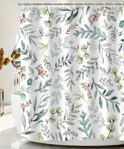 Sage Green Eucalyptus Shower Curtain with Botanical Leaves, Nature Bathroom Decor 