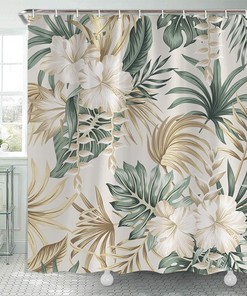 Sage Green Floral Foliage Palm Leaves Hibiscus Flower Shower Curtain for Summer Bathroom Décor