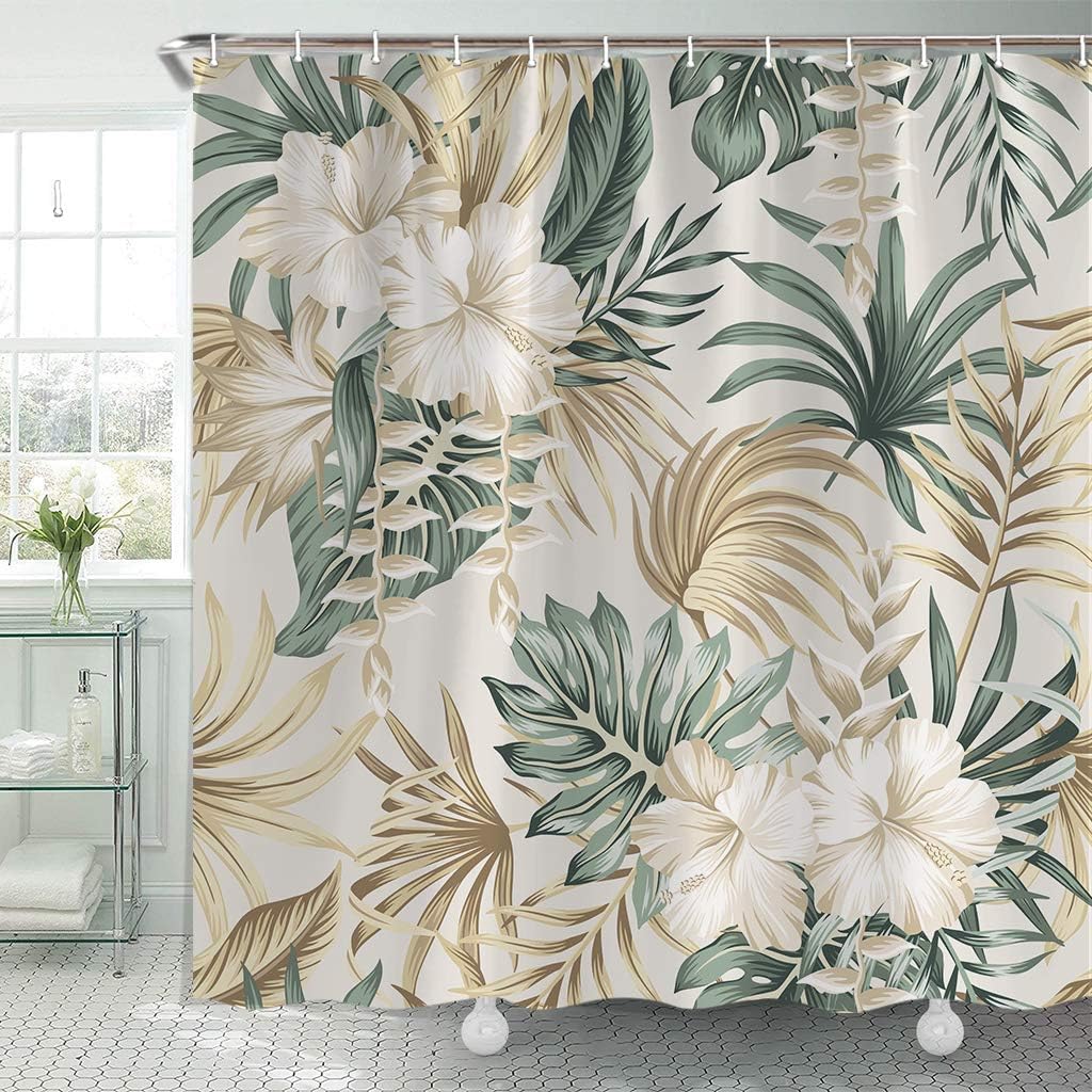 Sage Green Floral Foliage Palm Leaves Hibiscus Flower Shower Curtain for Summer Bathroom Décor