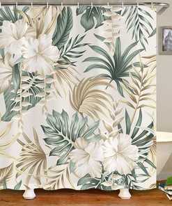 Sage Green Floral Foliage Palm Leaves Hibiscus Flower Shower Curtain for Summer Bathroom Décor