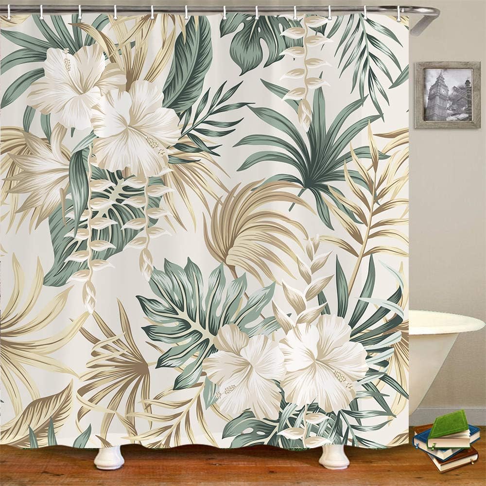 Sage Green Floral Foliage Palm Leaves Hibiscus Flower Shower Curtain for Summer Bathroom Décor