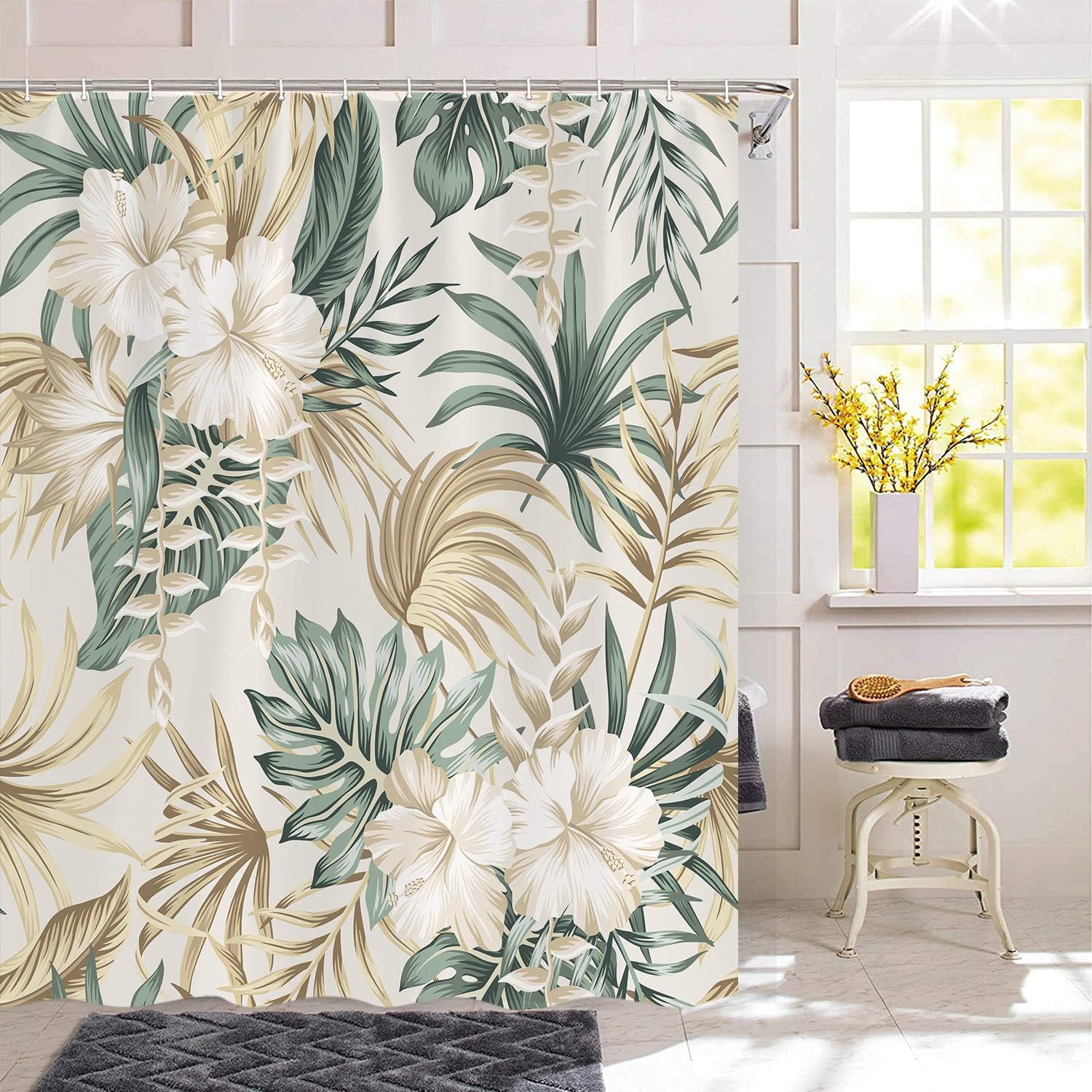 Sage Green Floral Foliage Palm Leaves Hibiscus Flower Shower Curtain for Summer Bathroom Décor