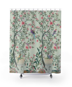 Sage Green Floral Garden Botanical Chinoiserie Shower Curtain With Contemporary Asian Art