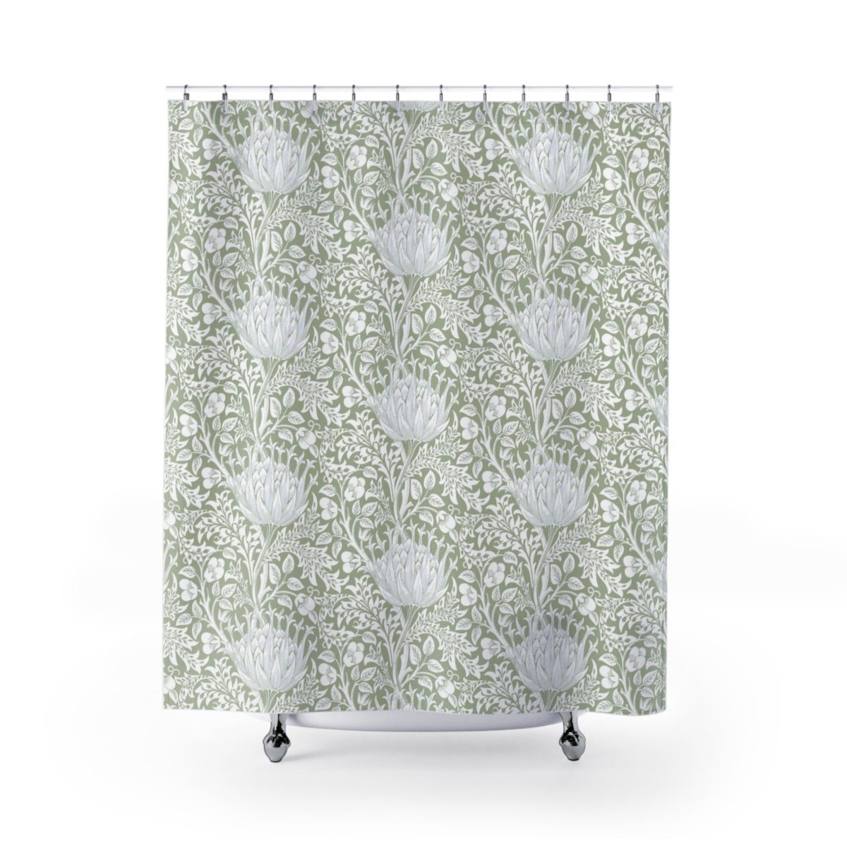Sage Green Floral William Morris Shower Curtain - Fresh Modern Bathroom Accessory