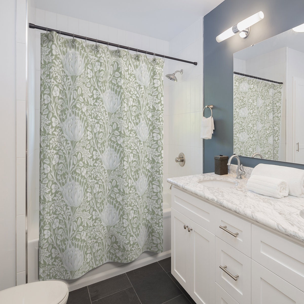 Sage Green Floral William Morris Shower Curtain - Fresh Modern Bathroom Accessory