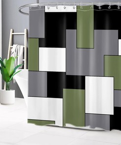 Sage Green Geometric Shower Curtain, Black And White Square Patchwork Design