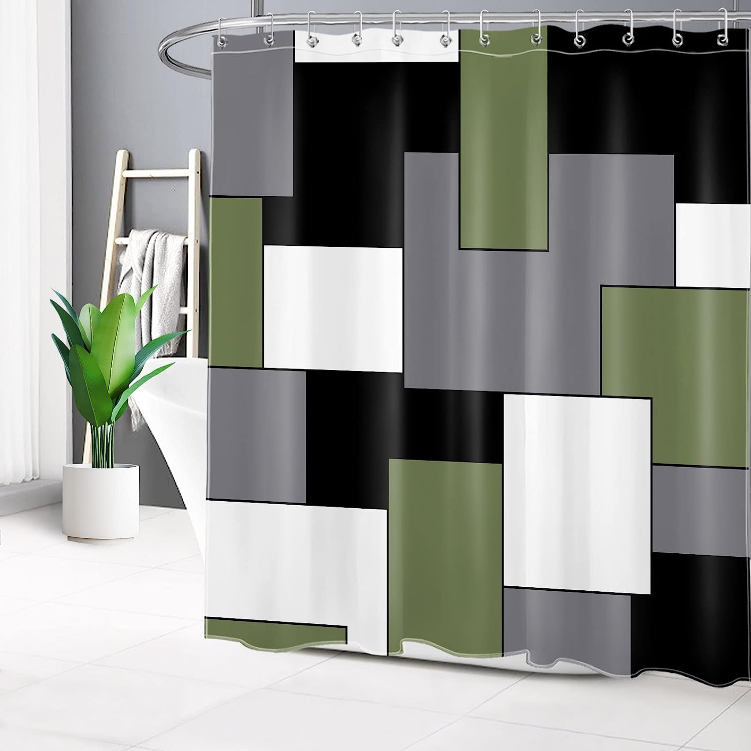 Sage Green Geometric Shower Curtain, Black And White Square Patchwork Design