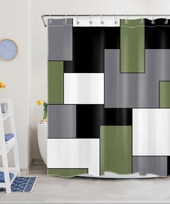 Sage Green Geometric Shower Curtain, Black And White Square Patchwork Design