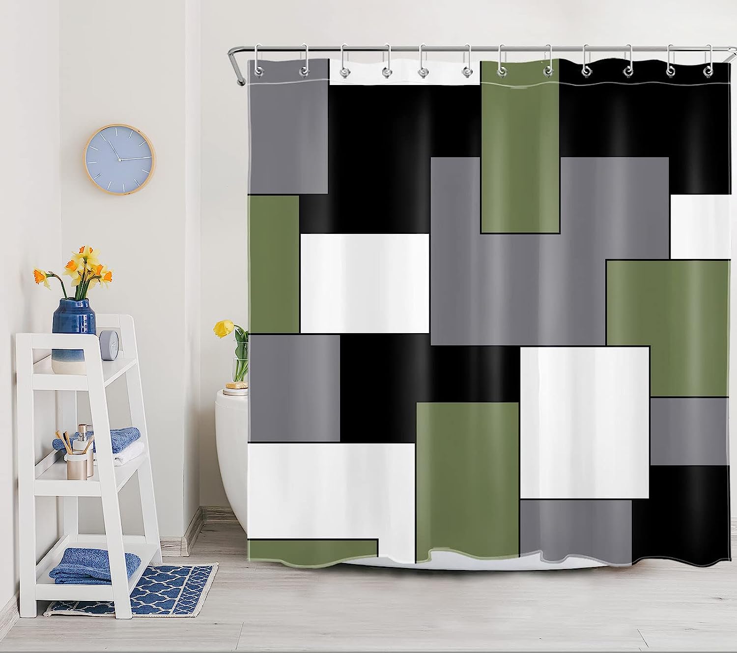Sage Green Geometric Shower Curtain, Black And White Square Patchwork Design