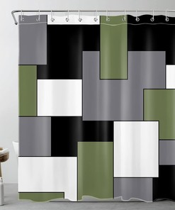 Sage Green Geometric Shower Curtain, Black And White Square Patchwork Design