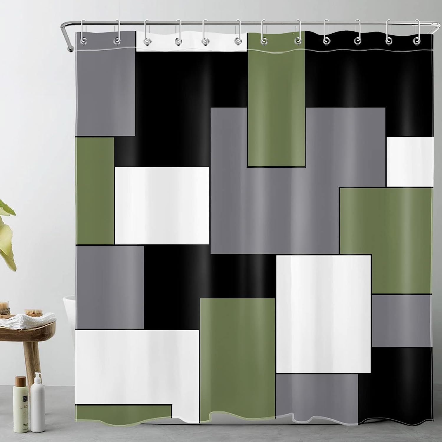 Sage Green Geometric Shower Curtain, Black And White Square Patchwork Design