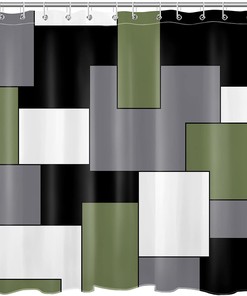 Sage Green Geometric Shower Curtain, Black And White Square Patchwork Design