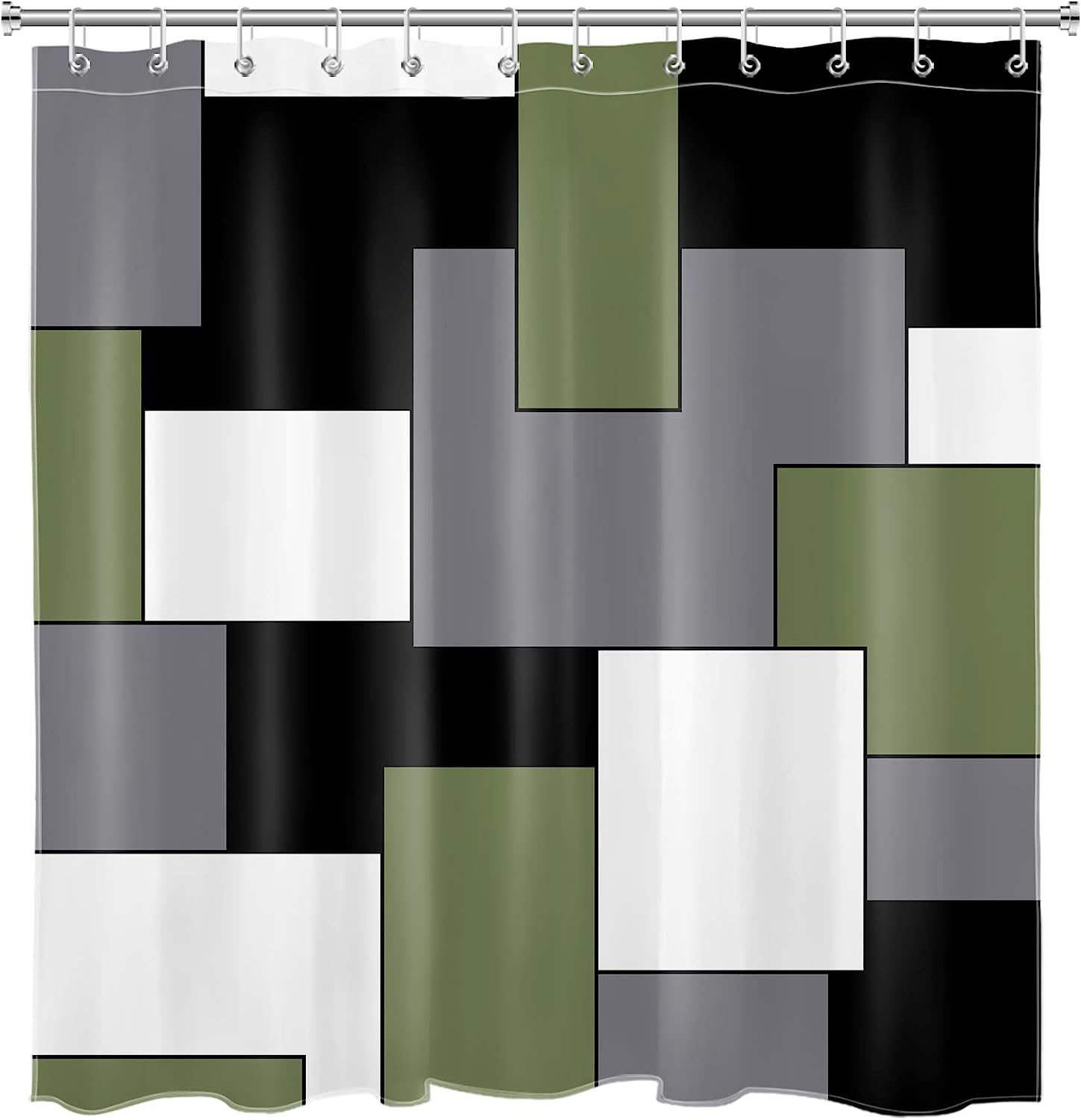 Sage Green Geometric Shower Curtain, Black And White Square Patchwork Design