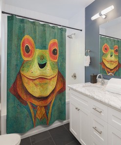 Sage Green Girly Bathroom Decor With Cool Anime Frog Shower Curtain - A Unique And Cool Addition To Your Bathroom Decor