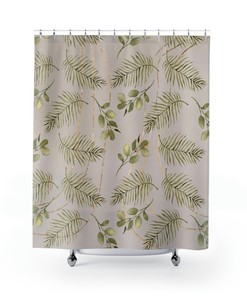 Sage Green Leaves Floral Shower Curtain With Light Taupe Beige For Rustic Bathroom