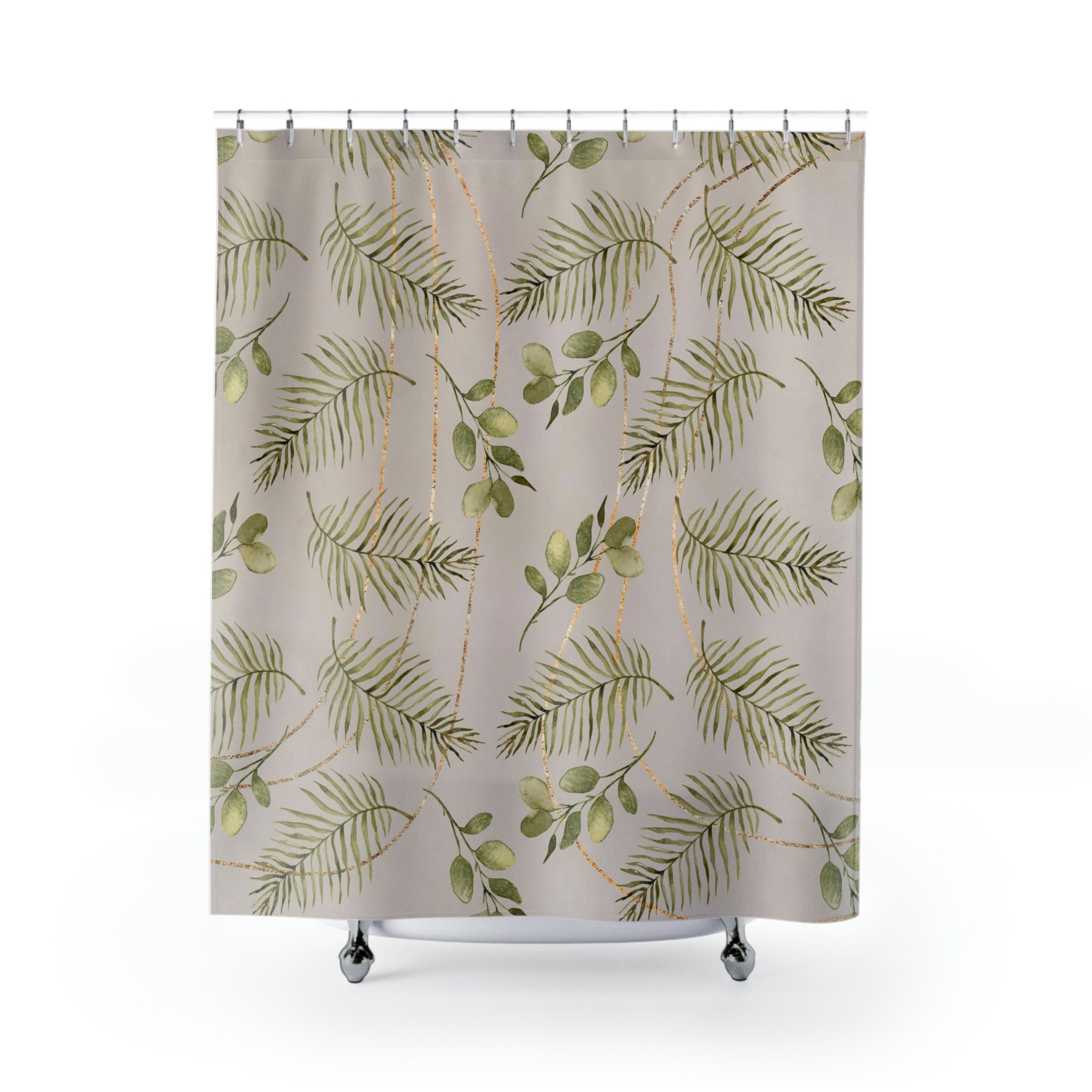 Sage Green Leaves Floral Shower Curtain With Light Taupe Beige For Rustic Bathroom
