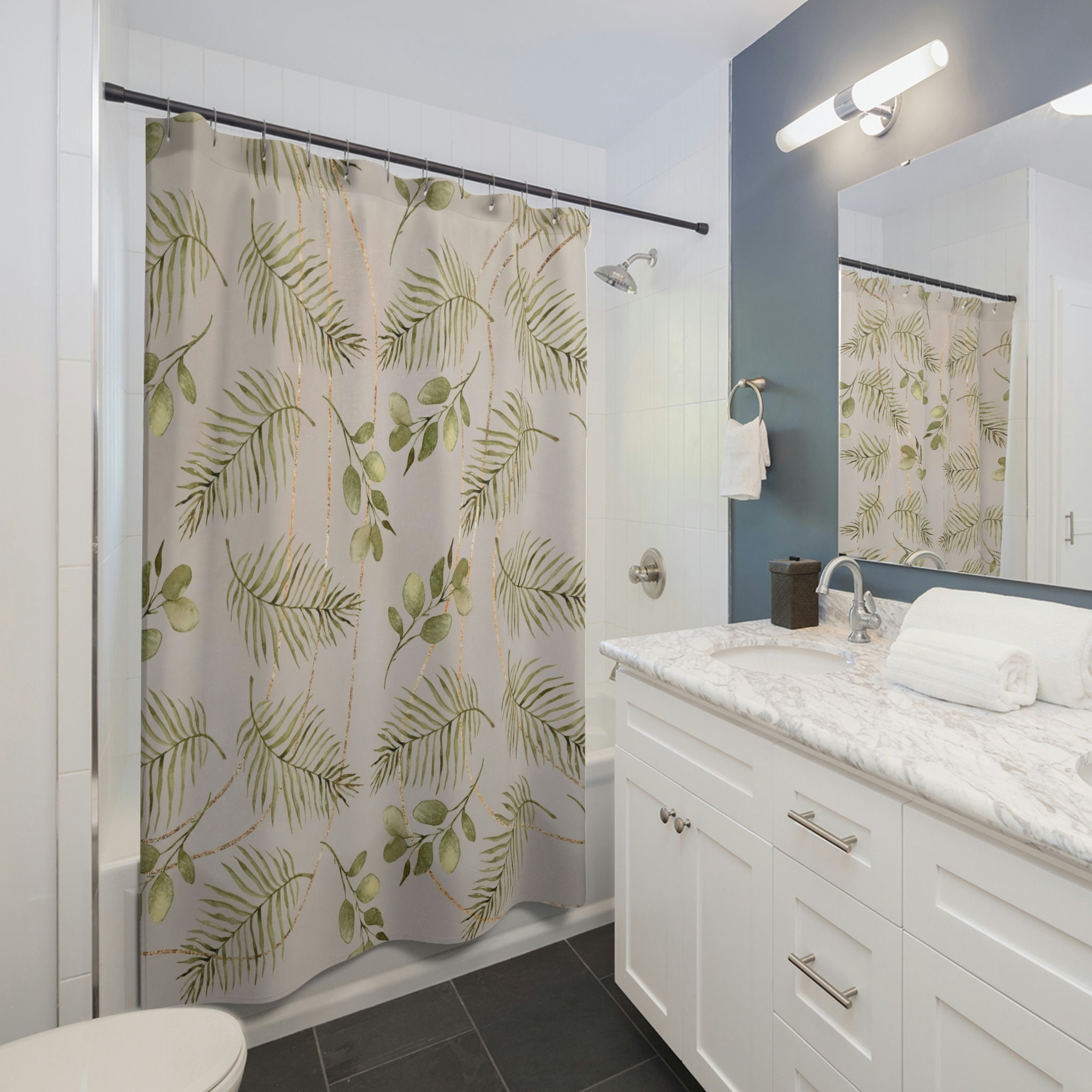 Sage Green Leaves Floral Shower Curtain With Light Taupe Beige For Rustic Bathroom - Image 2