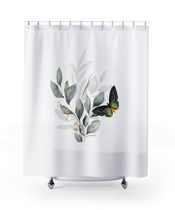 Sage Green Leaves With Botanical Butterfly On Modern Watercolor Shower Curtain - Bohemian Chic Bathroom Decor
