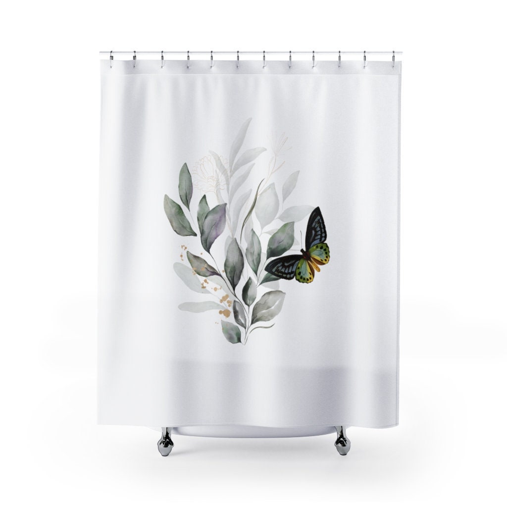 Sage Green Leaves With Botanical Butterfly On Modern Watercolor Shower Curtain - Bohemian Chic Bathroom Decor