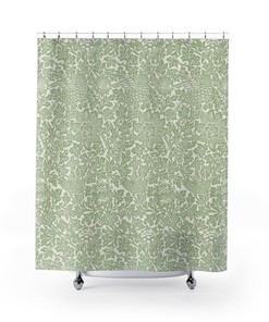 Sage Green Pattern Vintage English Bathroom Accessory with Bird & Anemone William Morris Antique Bathroom Shower Curtain