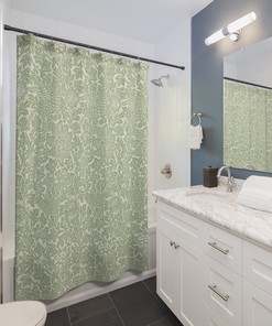 Sage Green Pattern Vintage English Bathroom Accessory with Bird & Anemone William Morris Antique Bathroom Shower Curtain