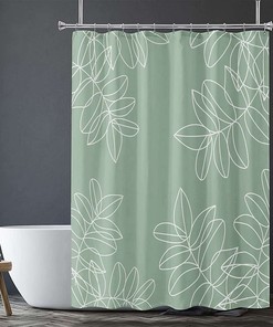 Sage Green Waterproof Shower Curtain with White Leaf Pattern, Minimalist and Botanical for Hotel and Home Bathroom Decor