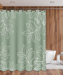 Sage Green Waterproof Shower Curtain with White Leaf Pattern, Minimalist and Botanical for Hotel and Home Bathroom Decor