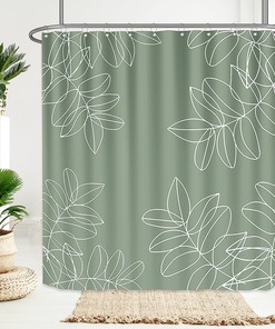 Sage Green Waterproof Shower Curtain with White Leaf Pattern, Minimalist and Botanical for Hotel and Home Bathroom Decor