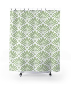 Sage Green & White Abstract Fan Pattern Art Nouveau Shower Curtain - Room Decorations
