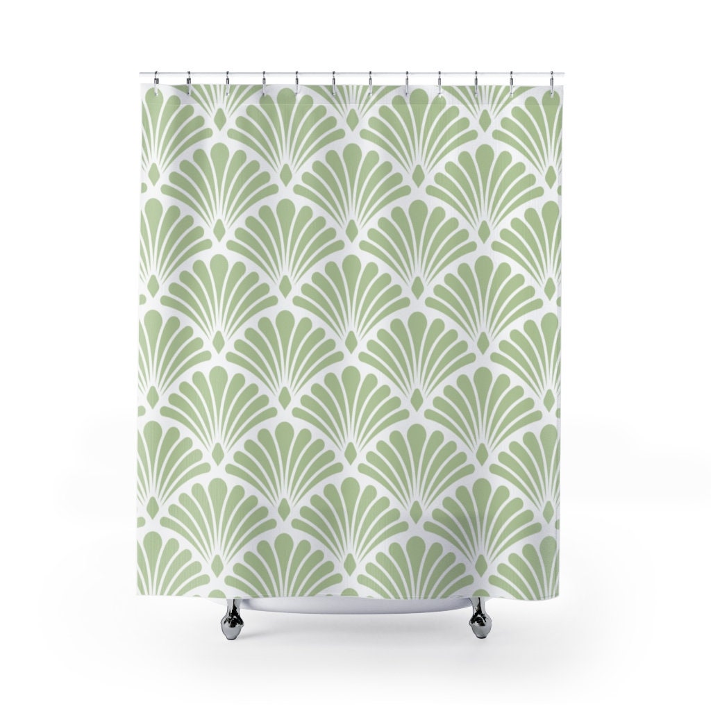 Sage Green & White Abstract Fan Pattern Art Nouveau Shower Curtain - Room Decorations