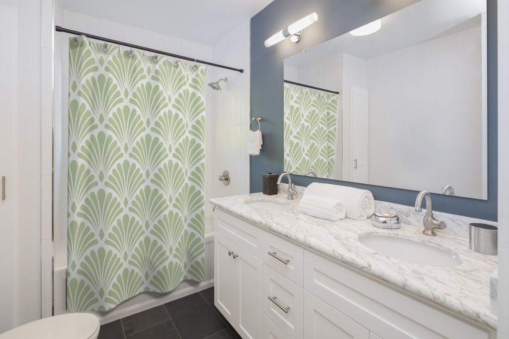 Sage Green & White Abstract Fan Pattern Art Nouveau Shower Curtain - Room Decorations - Image 2