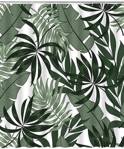Sage Green White Tropical Leaves Shower Curtain For Jungle Bathroom Decor