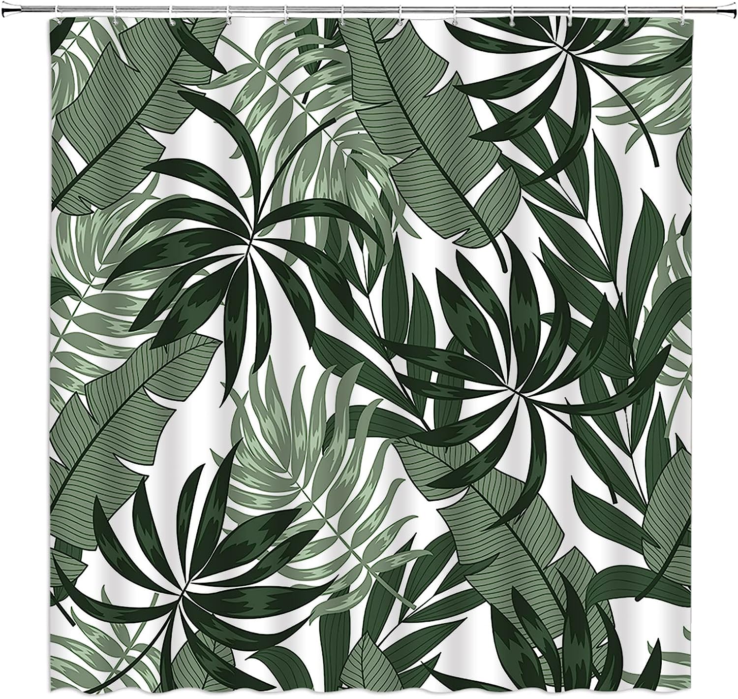 Sage Green White Tropical Leaves Shower Curtain For Jungle Bathroom Decor