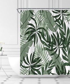 Sage Green White Tropical Leaves Shower Curtain For Jungle Bathroom Decor