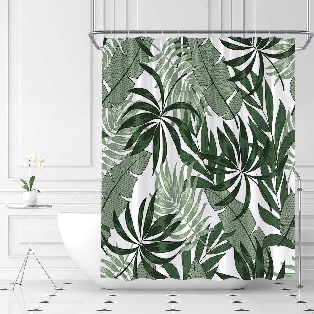 Sage Green White Tropical Leaves Shower Curtain For Jungle Bathroom Decor
