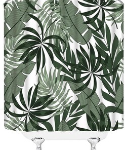 Sage Green White Tropical Leaves Shower Curtain For Jungle Bathroom Decor