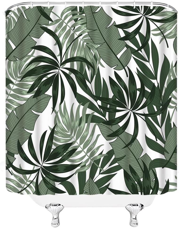 Sage Green White Tropical Leaves Shower Curtain For Jungle Bathroom Decor