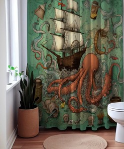 Sail Away Nautical Shower Curtain, perfect Housewarming Gift with Ocean Octopus and Sailboat Theme