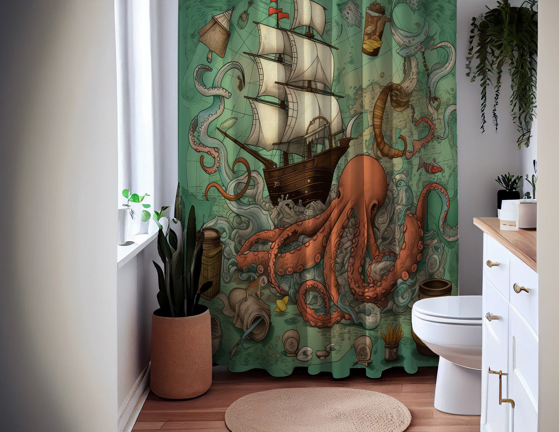 Sail Away Nautical Shower Curtain, perfect Housewarming Gift with Ocean Octopus and Sailboat Theme