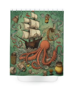 Sail Away Nautical Shower Curtain, perfect Housewarming Gift with Ocean Octopus and Sailboat Theme