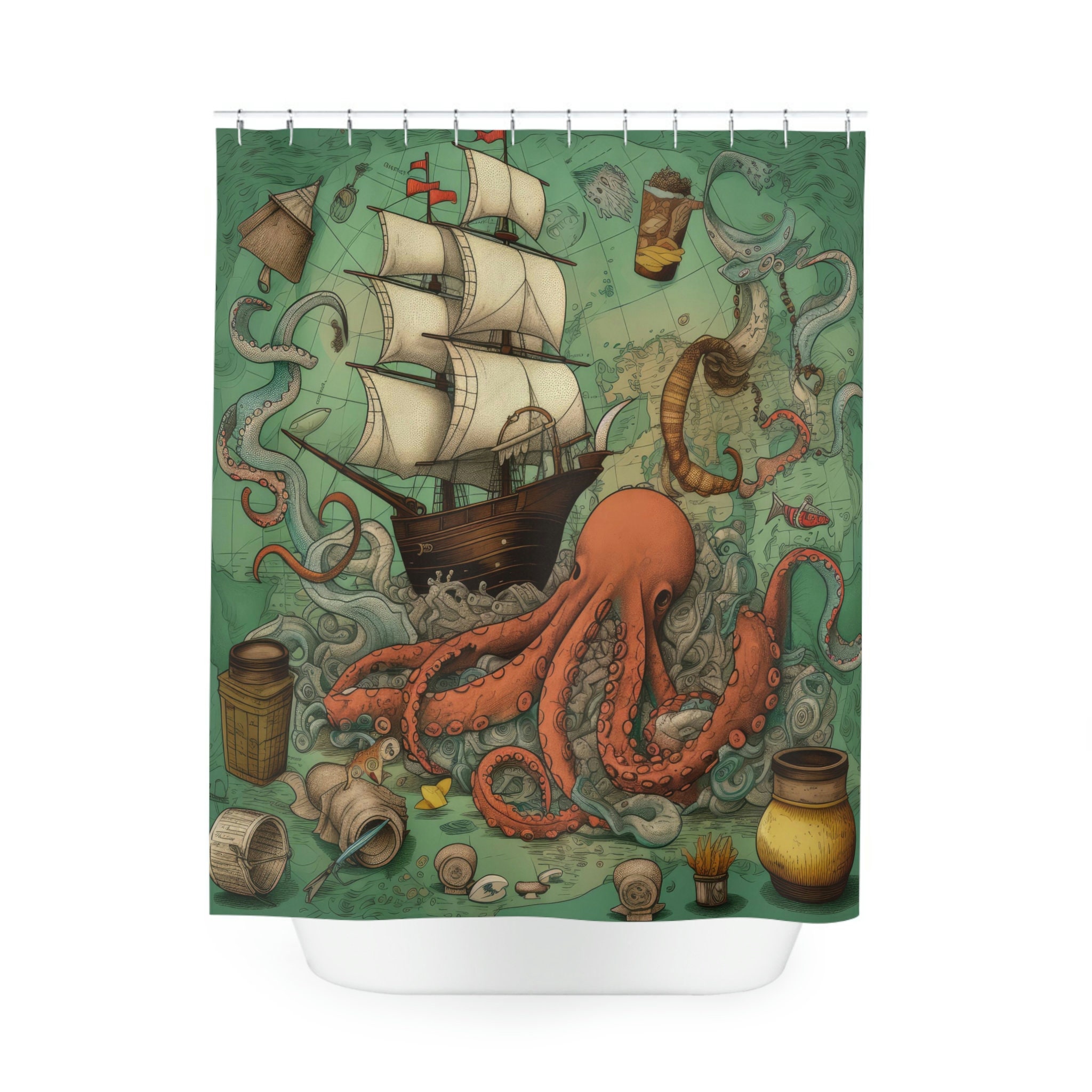 Sail Away Nautical Shower Curtain, perfect Housewarming Gift with Ocean Octopus and Sailboat Theme