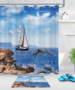 Sailboat Dolphins Seaside Landscape Shower Curtain - Fabric Bathroom Decor Accessory