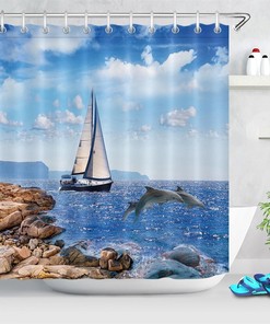 Sailboat Dolphins Seaside Landscape Shower Curtain - Fabric Bathroom Decor Accessory