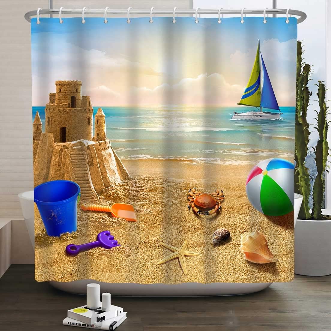Sailboat Starfish Shower Curtain - Nautical Beach Bathroom Decor