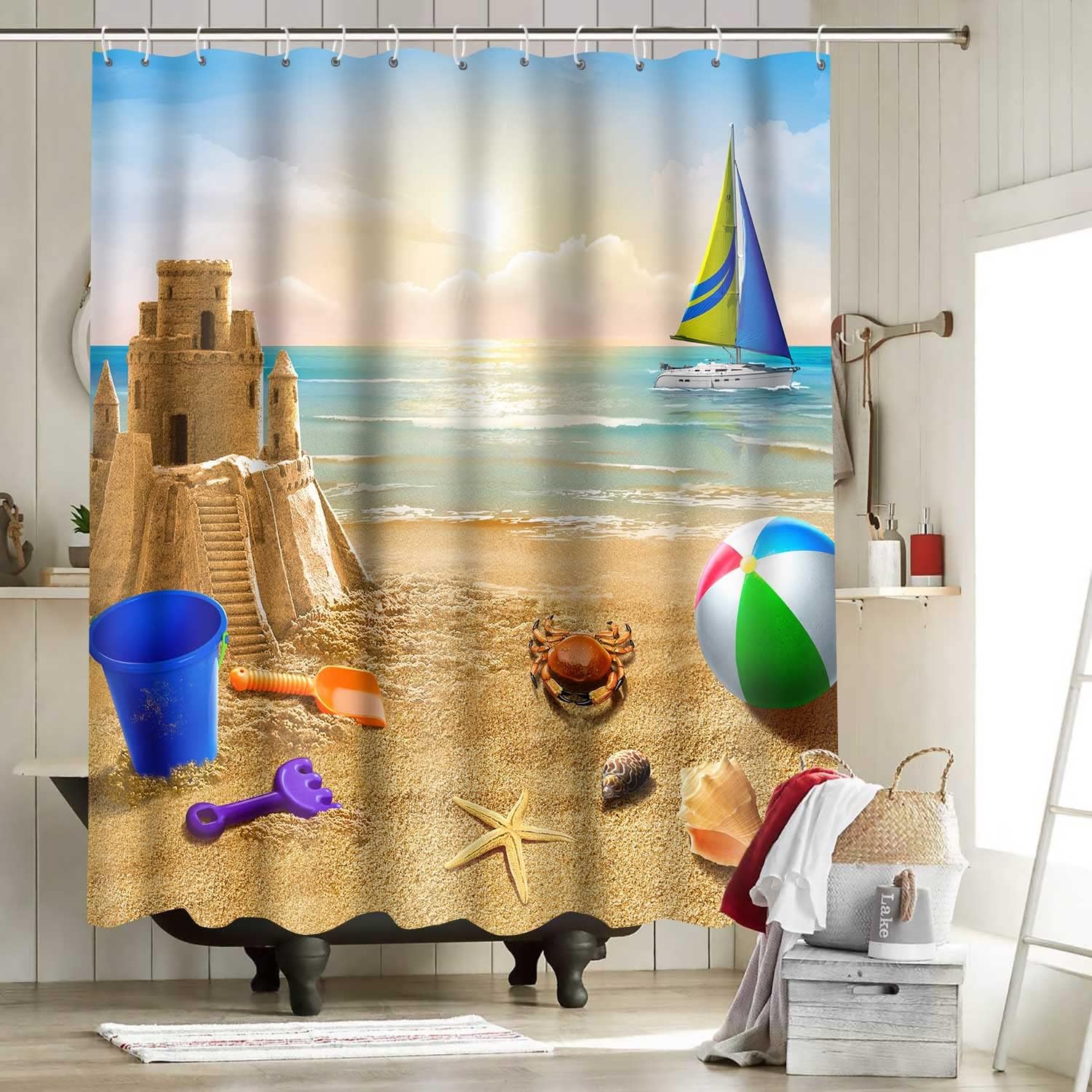 Sailboat Starfish Shower Curtain - Nautical Beach Bathroom Decor