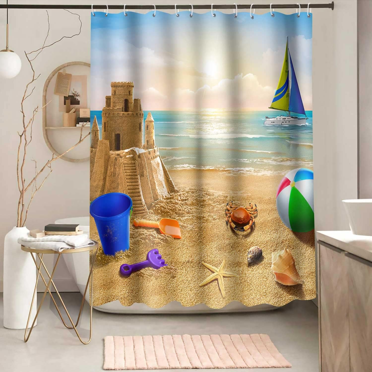 Sailboat Starfish Shower Curtain - Nautical Beach Bathroom Decor